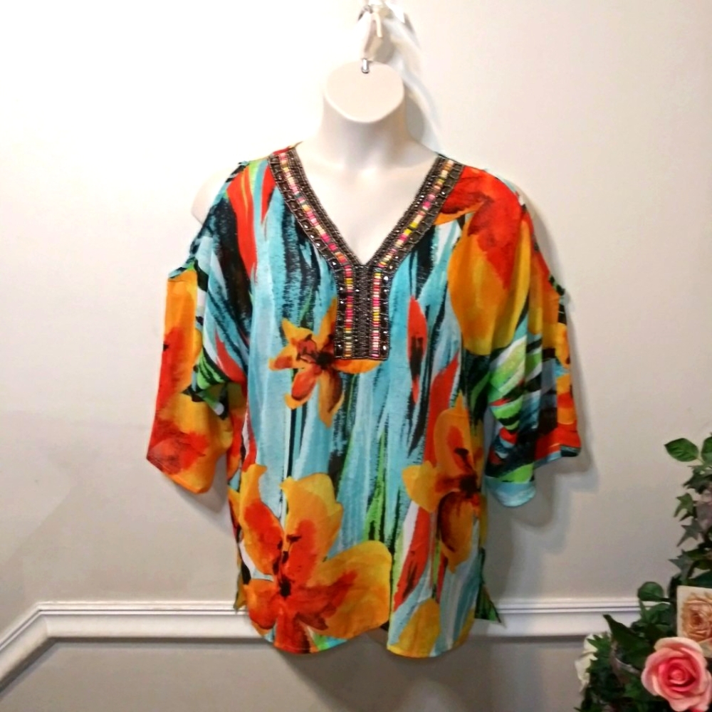 Melissa Paige Orange, Green/Blue Tropical Floral Beaded Tunic Top Swimsuit Cover